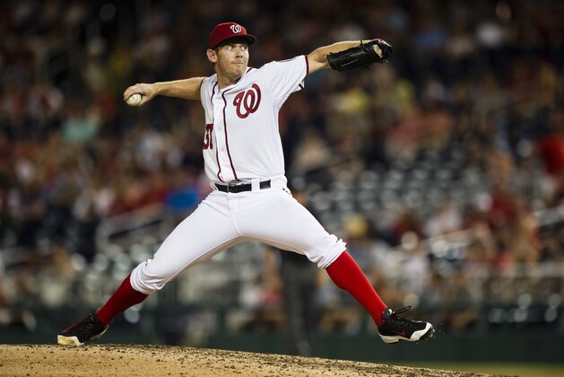 WASHINGTON, DC - JUNE 23:  Starting pitcher Stephen Strasburg #37 of the Washington Nationals throws a pitch to a Atlanta Braves batter in the fifth inning of a baseball game at Nationals Park on June 23, 2015 in Washington, DC.  (Photo by Patrick McDermott/Washington Nationals/Getty Images)