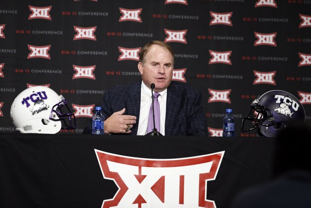 TCU head football coach Gary Patterson responds to questions from reporters at Big 12 Conference Football Media Days Monday, July 20, 2015, in Dallas. (AP Photo/Tony Gutierrez)