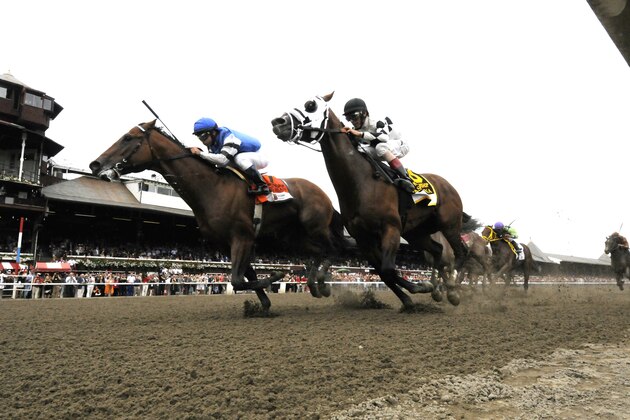 The Big Beast with jockey Javier Castellano ,left, moves past Fast Anna with jockey John Velazquez to win the Ketel One Kings Bishop Stakes horse race at Saratoga Race Course in Saratoga Springs, N.Y., Saturday, Aug. 23, 2014. (AP Photo/Hans Pennink)