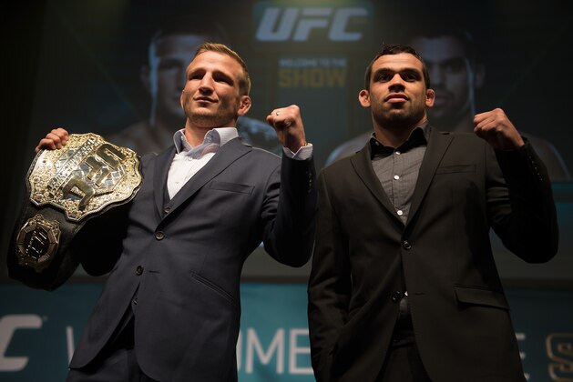 LOS ANGELES, CALIFORNIA - FEBRUARY 28:  (L-R) UFC bantamweight champion TJ Dillashaw and Renan Barao face off during the UFC Welcome To The Show Launch Event at L.A. Live Event Deck on February 28, 2015 in Los Angeles, California. (Photo by Brandon Magnus/Zuffa LLC/Zuffa LLC)