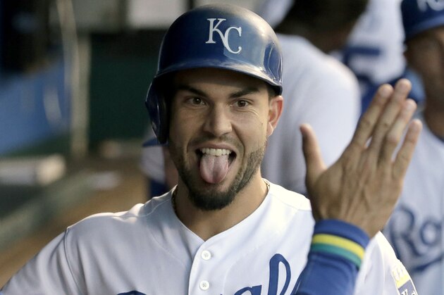 Kansas City Royals' Eric Hosmer celebrates in the dugout after hitting a solo home run during the fourth inning of a baseball game against the Pittsburgh Pirates Wednesday, July 22, 2015, in Kansas City, Mo. (AP Photo/Charlie Riedel)