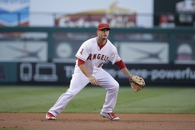 Los Angeles Angels third baseman David Freese during the first inning of a baseball game against the Minnesota Twins, Wednesday, July 22, 2015, in Anaheim, Calif. (AP Photo/Jae C. Hong)