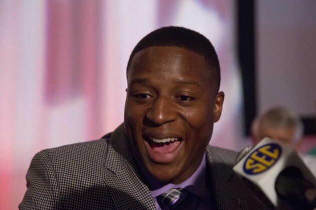 Alabama's Kenyan Drake speaks to the media at the Southeastern Conference NCAA college football media days, Wednesday, July 15, 2015, in Hoover, Ala. (AP Photo/Brynn Anderson)