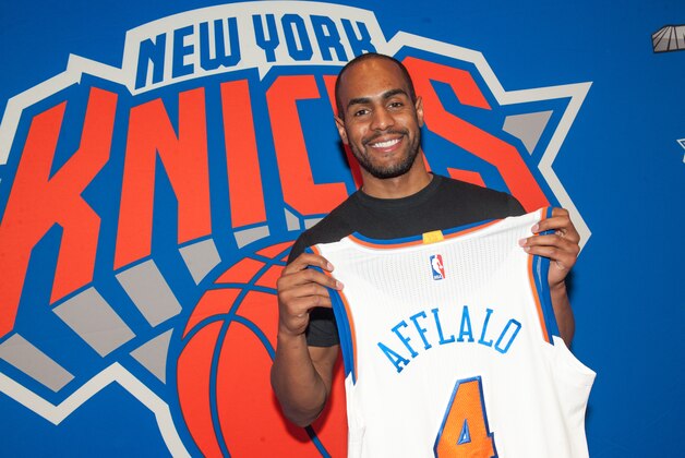 LAS VEGAS, NV - JULY 10:  Arron Afflalo #4 of the New York Knicks is introduced to the public during a press conference on July 10, 2015 at the Wynn Resort in Las Vegas, Nevada.  NOTE TO USER: User expressly acknowledges and agrees that, by downloading and or using this Photograph, user is consenting to the terms and conditions of the Getty Images License Agreement. Mandatory Copyright Notice: Copyright 2015 NBAE (Photo by Tom Donoghue/NBAE via Getty Images)