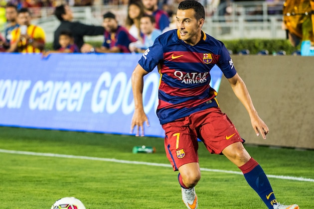 PASADENA, CA - JULY 21: Pedro #7 of Barcelona brings the ball down the wing during the International Champions Cup 2015 match between FC Barcelona and Los Angeles Galaxy at the Rose Bowl on July 21, 2015 in Pasadena, California.  Barcelona won the match 2-1 (Photo by Shaun Clark/Getty Images)