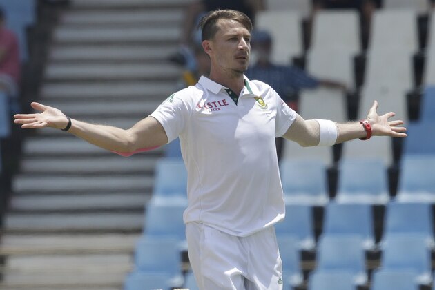 South Africa's bowler Dale Steyn, celebrates after dismissing West Indies batsman Jerome Taylor, for 9 runs on the fourth day of their 1st cricket test match at Centurion Park in Pretoria, South Africa, Saturday, Dec. 20, 2014. South Africa beat West Indies by an innings and 220 runs. (AP Photo/Themba Hadebe)