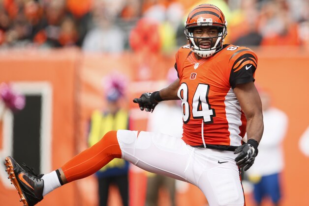 Cincinnati Bengals tight end Jermaine Gresham reacts in the second half of an NFL football game against the Carolina Panthers, Sunday, Oct. 12, 2014, in Cincinnati. (AP Photo/Paul Sancya)