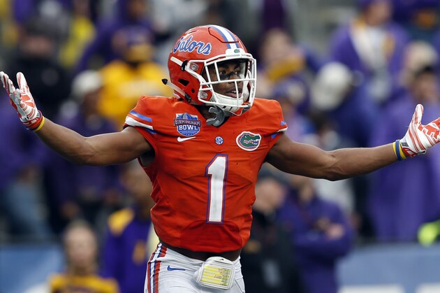 Florida defensive back Vernon Hargreaves (1) celebrates after he intercepted a pass to secure their 28-20 over East Caroline late in the second half of the Birmingham Bowl NCAA college football game, Saturday, Jan. 3, 2015, in Birmingham, Ala. (AP Photo/Butch Dill)