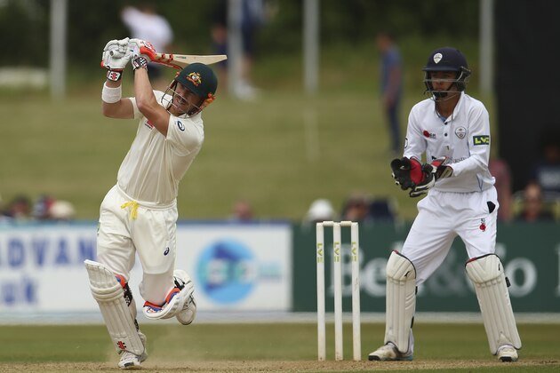 DERBY, ENGLAND - JULY 23:  David Warner of Australia bats as Harvey Hosein of Derbyshire keeps wicket during day one of the Tour Match between Derbyshire and Australia at The 3aaa County Ground on July 23, 2015 in Derby, England.  (Photo by Ryan Pierse/Getty Images)