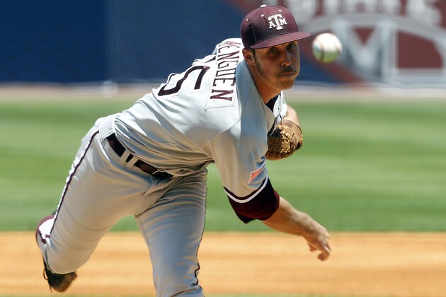 Texas A&M's Daniel Mengden (15) pitches against Arkansas in the firsst inning at the Southeastern Conference NCAA college baseball tournament on Tuesday, May 20, 2014, in Hoover, Ala. (AP Photo/Butch Dill)