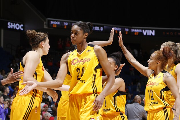 TULSA, OK - JULY 11:  The Tulsa Shock celebrate in a WNBA game against the Los Angeles Sparks on July 11, 2015 at the BOK Center in Tulsa, Oklahoma.  NOTE TO USER: User expressly acknowledges and agrees that, by downloading and or using this Photograph, user is consenting to the terms and conditions of the Getty Images License Agreement. Mandatory Copyright Notice: Copyright 2015 NBAE (Photo by Shane Bevel/NBAE via Getty Images)
