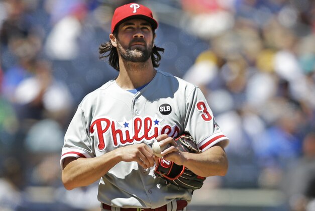 Philadelphia Phillies starting pitcher Cole Hamels pauses on the mound in the fourth inning of a baseball game against the New York Yankees at Yankee Stadium in New York, Wednesday, June 24, 2015.  (AP Photo/Kathy Willens)