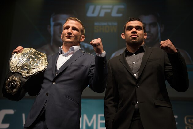 LOS ANGELES, CALIFORNIA - FEBRUARY 28:  (L-R) UFC bantamweight champion TJ Dillashaw and Renan Barao face off during the UFC Welcome To The Show Launch Event at L.A. Live Event Deck on February 28, 2015 in Los Angeles, California. (Photo by Brandon Magnus/Zuffa LLC/Zuffa LLC)