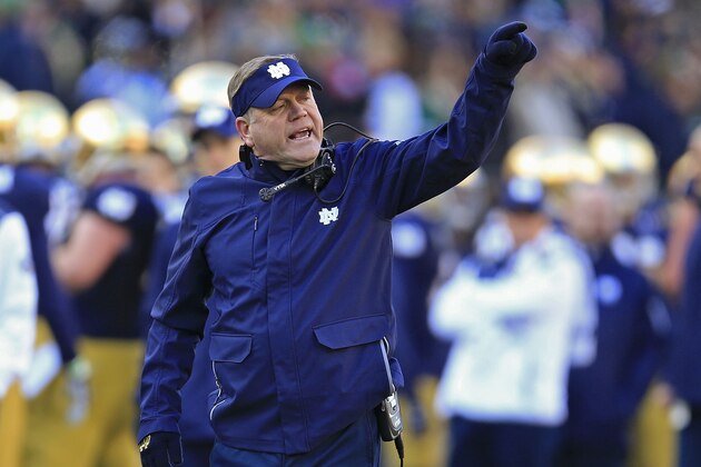 Notre Dame coach Brian Kelly argues a call in the first half of the Music City Bowl NCAA college football game against LSU on Tuesday, Dec. 30, 2014, in Nashville, Tenn. (AP Photo/Mark Humphrey)
