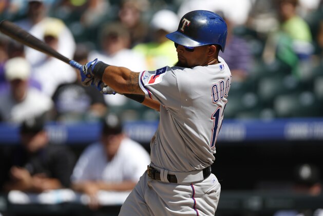 Texas Rangers second baseman Rougned Odor (12) bats against the Colorado Rockies in the sixth inning of an inter league baseball game Wednesday, July 22, 2015, in Denver. Texas won 10-8. (AP Photo/David Zalubowski)