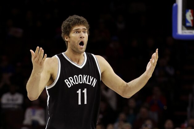 Brooklyn Nets' Brook Lopez reacts altering a foul call during the second half of an NBA basketball game against the Philadelphia 76ers, Saturday, March 14, 2015, in Philadelphia. Brooklyn won 94-87. (AP Photo/Matt Slocum)