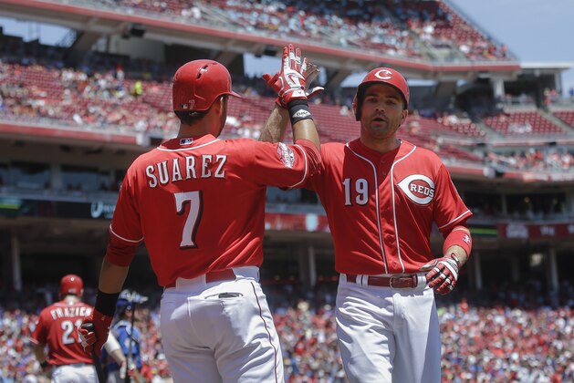 Cincinnati Reds' Joey Votto celebrates with Eugenio Suarez (7) after hitting a solo home run off Chicago Cubs starting pitcher Kyle Hendricks in the fifth inning in the first game of a baseball doubeheader in Cincinnati, Wednesday, July 22, 2015. (AP Photo/John Minchillo)