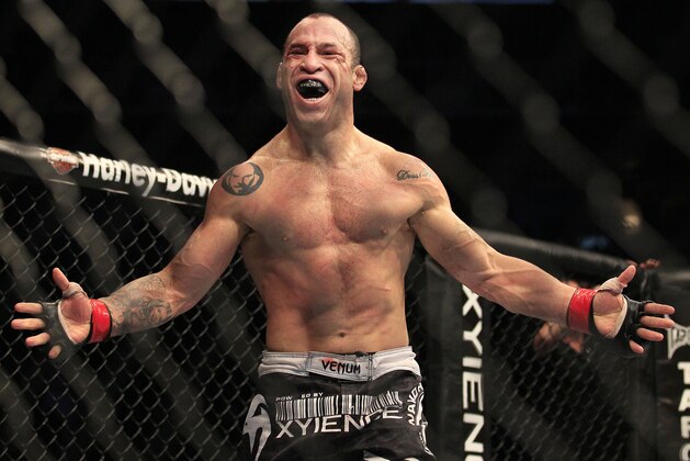 Wanderlei Silva, from Brazil, celebrates after beating Cung Le during the second round of a UFC 139 Mixed Martial Arts middleweight bout in San Jose, Calif., Saturday, Nov. 19, 2011. Silva won by TKO in the second round. (AP Photo/Jeff Chiu)