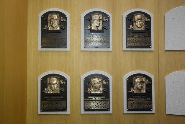 Jul 27, 2014; Cooperstown, NY, USA; Plaques all installed in the museum for viewing after the class of 2014 national baseball Hall of Fame induction ceremony at National Baseball Hall of Fame. Mandatory Credit: Gregory J. Fisher-USA TODAY Sports