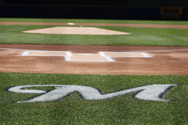 MILWAUKEE, WI - JULY 18: A view of the Brewers logo painted on the field during the game between the St. Louis Cardinals and Milwaukee Brewers at Miller Park on July 18, 2012 in Milwaukee, Wisconsin. (Photo by Mike McGinnis/Getty Images)