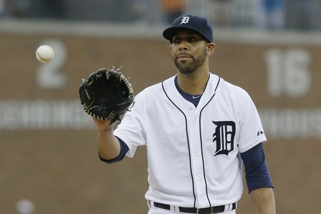 Detroit Tigers starting pitcher David Price waits on a new ball during the first inning of a baseball game against the Baltimore Orioles, Saturday, July 18, 2015, in Detroit. (AP Photo/Carlos Osorio)