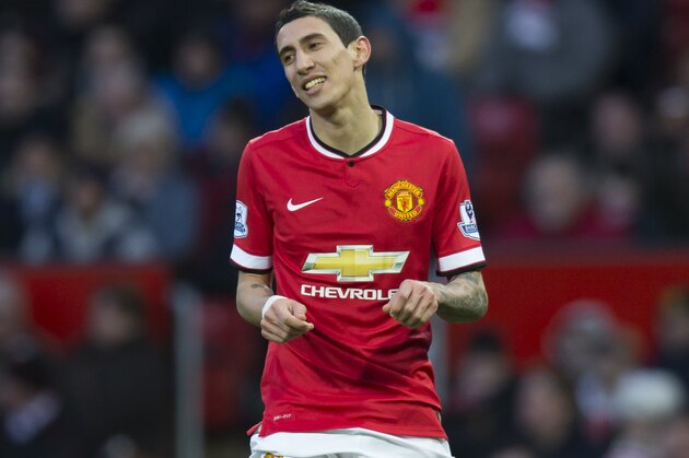 Manchester United's Angel Di Maria during the English Premier League soccer match between Manchester United and Leicester at Old Trafford Stadium, Manchester, England, Saturday Jan. 31, 2015. (AP Photo/Jon Super)