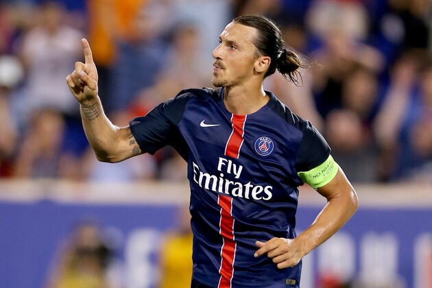 HARRISON, NJ - JULY 21: Zlatan Ibrahimovic #10 of Paris Saint-Germain celebrates his goal in the second half against AFC Fiorentina during the International Champions Cup at Red Bull Arena on July 21, 2015 in Harrison, New Jersey.Paris Saint-Germain defeated ACF Fiorentina 4-2. (Photo by Elsa/Getty Images) HARRISON, NJ - JULY 21: Zlatan Ibrahimovic #10 of Paris Saint-Germain celebrates his goal in the second half against AFC Fiorentina during the International Champions Cup at Red Bull Arena on July 21, 2015 in Harrison, New Jersey.Paris Saint-Germain defeated ACF Fiorentina 4-2. (Photo by Elsa/Getty Images)