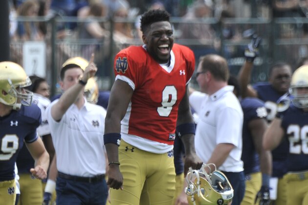 Notre Dame quarterback Malik Zaire (8) reacts during the Blue Gold game Saturday April 18, 2015 in South Bend, Ind. (AP Photo/Joe Raymond)