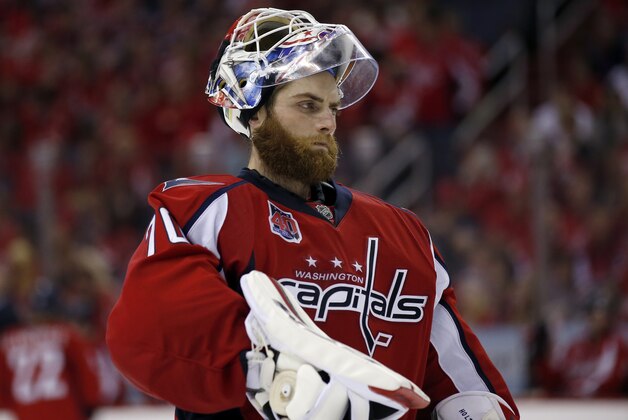 Washington Capitals goalie Braden Holtby (70) pauses during a break in the third period of Game 6 in the second round of the NHL Stanley Cup hockey playoffs against the New York Rangers, Sunday, May 10, 2015, in Washington. The Rangers won 4-3. (AP Photo/Alex Brandon) Washington Capitals goalie Braden Holtby (70) pauses during a break in the third period of Game 6 in the second round of the NHL Stanley Cup hockey playoffs against the New York Rangers, Sunday, May 10, 2015, in Washington. The Rangers won 4-3. (AP Photo/Alex Brandon)
