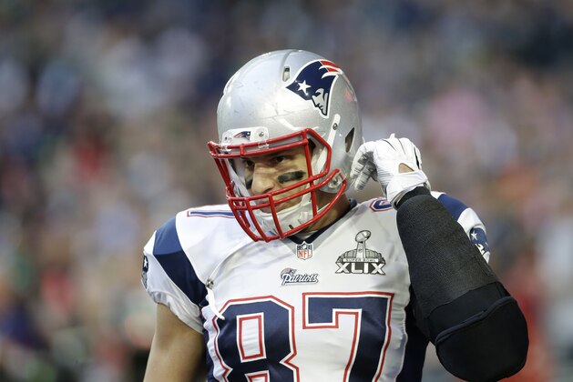 New England Patriots tight end Rob Gronkowski before the NFL Super Bowl XLIX football game Sunday, Feb. 1, 2015, in Glendale, Ariz. (AP Photo/Patrick Semansky)