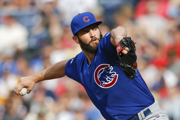 Chicago Cubs starting pitcher Jake Arrieta works in the first inning of a baseball game against the Atlanta Braves, Sunday, July 19, 2015, in Atlanta. Chicago won 4-1. (AP Photo/John Bazemore)