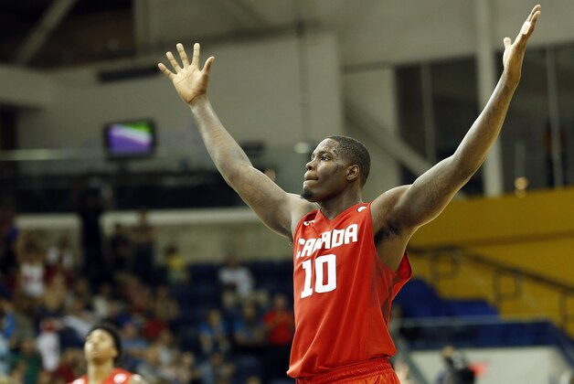 Jul 22, 2015; Toronto, Ontario, CAN; Canada forward Anthony Bennett (10) celebrates after beating Argentina in the men's basketball preliminary round during the 2015 Pan Am Games at Ryerson Athletic Centre. Mandatory Credit: Geoff Burke-USA TODAY Sports
