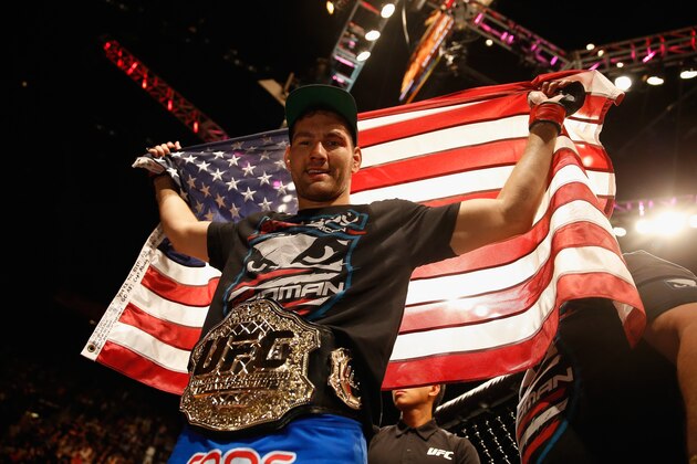 LAS VEGAS, NV - MAY 23: Chris Weidman reacts to his victory over Vitor Belfort of Brazil in their UFC middleweight championship bout during the UFC 187 event at the MGM Grand Garden Arena on May 23, 2015 in Las Vegas, Nevada. (Photo by Christian Petersen/Zuffa LLC/Zuffa LLC via Getty Images) LAS VEGAS, NV - MAY 23: Chris Weidman reacts to his victory over Vitor Belfort of Brazil in their UFC middleweight championship bout during the UFC 187 event at the MGM Grand Garden Arena on May 23, 2015 in Las Vegas, Nevada. (Photo by Christian Petersen/Zuffa LLC/Zuffa LLC via Getty Images)