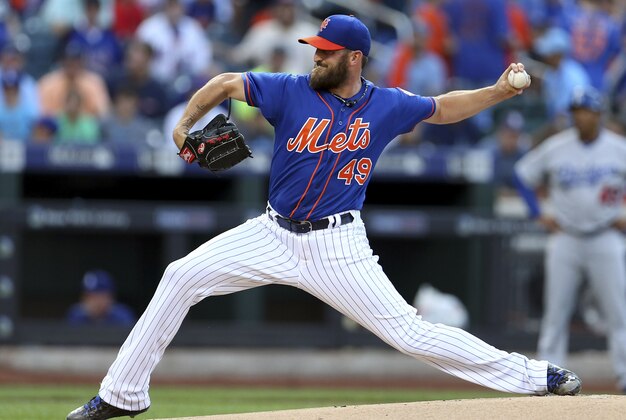 Jul 24, 2015; New York City, NY, USA; New York Mets starting pitcher Jonathon Niese (49) pitches against the Los Angeles Dodgers during the first inning at Citi Field. Mandatory Credit: Adam Hunger-USA TODAY Sports