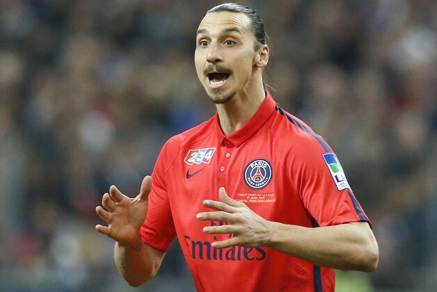 Paris Saint Germain's  Zlatan Ibrahimovic, reacts after his team missed a goal-scoring opportunity during a League Cup final soccer match Bastia against Paris Saint Germain at Stade de France stadium in Saint Denis, outside Paris, France, Saturday, April 11, 2015. Paris Saint Germain won 4-0. (AP Photo/Michel Euler)