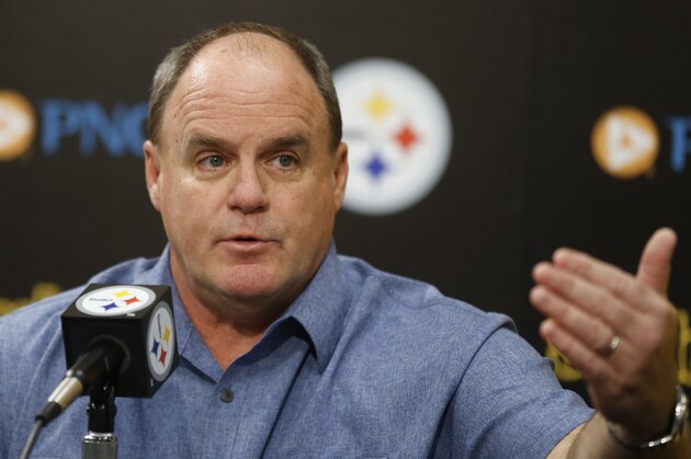 Pittsburgh Steelers General Manager Kevin Colbert answers questions during a news conference, Monday, April 27, 2015, in Pittsburgh, about the upcoming NFL football draft. (AP Photo/Keith Srakocic)