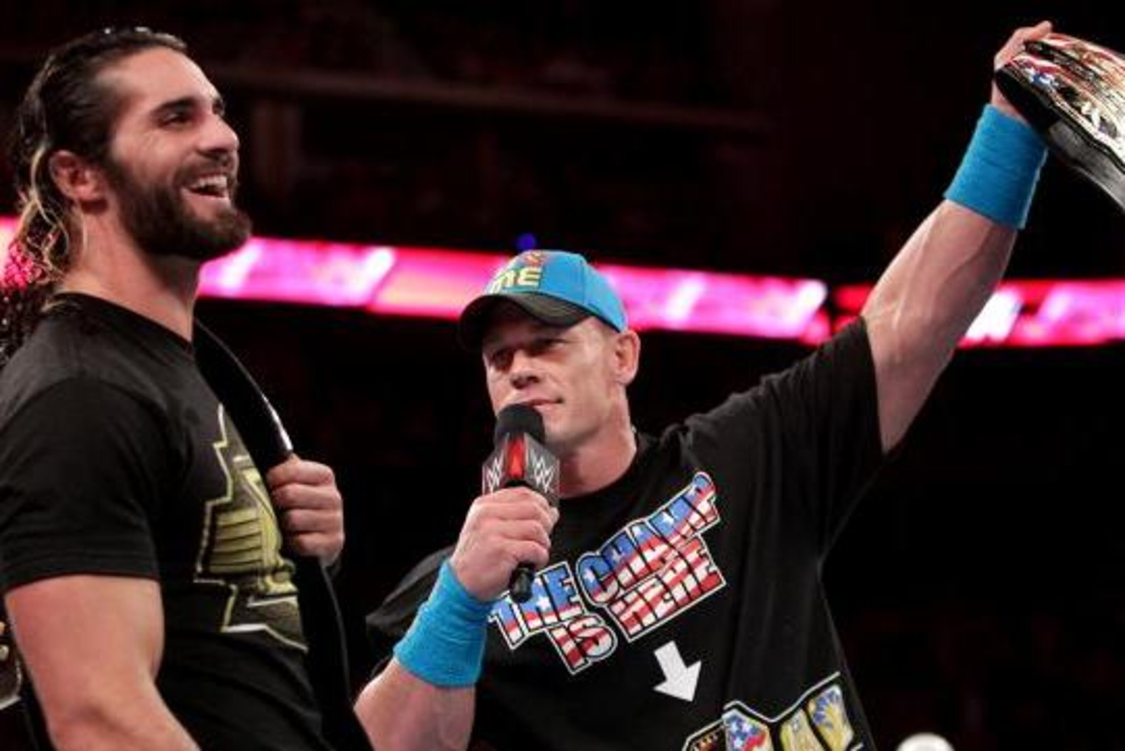 WWE world heavyweight champion Seth Rollins and United States champion John Cena come face-to-face.