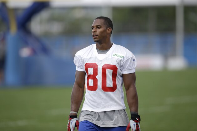 New York Giants' Victor Cruz during a NFL football camp in East Rutherford, N.J., Wednesday, July 23, 2014. (AP Photo/Seth Wenig)