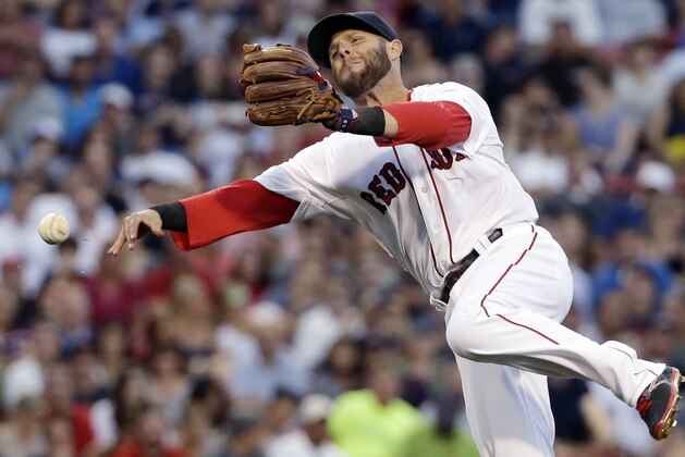 Boston Red Sox second baseman Dustin Pedroia throws to first but can't get Baltimore Orioles' Travis Snider on an infield single in the fourth inning of a baseball game at Fenway Park, Wednesday, June 24, 2015, in Boston. (AP Photo/Elise Amendola)