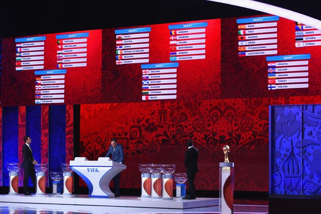 SAINT PETERSBURG, RUSSIA - JULY 25:  (L-R) Draw assistant Oliver Bierhoff, FIFA Secretary-General Jerome Valcke and Draw assistant Alexander Kerzhakov during the European Zone Draw at the Preliminary Draw of the 2018 FIFA World Cup in Russia at The Konstantin Palace on July 25, 2015 in Saint Petersburg, Russia.  (Photo by Dennis Grombkowski/Getty Images)