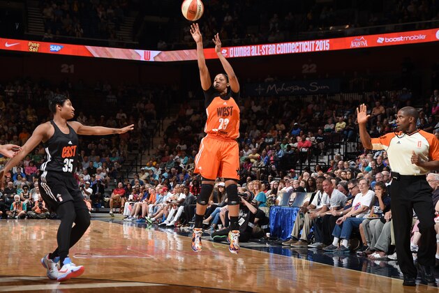UNCASVILLE, CT - JULY 25: Maya Moore #23 of the Western Conference All-Stars shoots against Angel McCoughtry #35 of the Eastern Conference All-Stars during the Boost Mobile WNBA All-Star 2015 Game at the Mohegan Sun Arena on July 25, 2015 in Uncasville, Connecticut. NOTE TO USER: User expressly acknowledges and agrees that, by downloading and/or using this Photograph, user is consenting to the terms and conditions of the Getty Images License Agreement. Mandatory Copyright Notice: Copyright 2015 NBAE (Photo by Brian Babineau/NBAE via Getty Images)
