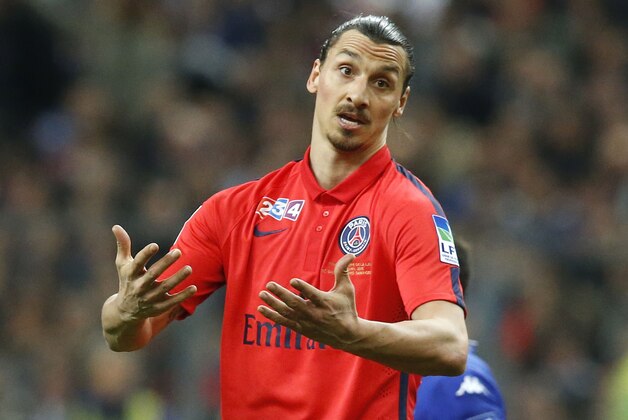 Paris Saint Germain's  Zlatan Ibrahimovic, reacts after his team missed a goal-scoring opportunity during a League Cup final soccer match Bastia against Paris Saint Germain at Stade de France stadium in Saint Denis, outside Paris, France, Saturday, April 11, 2015. Paris Saint Germain won 4-0. (AP Photo/Michel Euler)