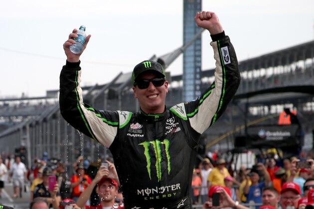 INDIANAPOLIS, IN - JULY 25:  Kyle Busch, driver of the #54 Monster Energy Toyota, celebrates in Victory Lane after winning the NASCAR XFINITY Series Lilly Diabetes 250 at Indianapolis Motor Speedway on July 25, 2015 in Indianapolis, Indiana.  (Photo by Brian Lawdermilk/Getty Images)