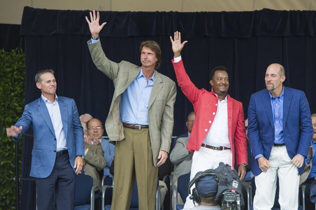 Jul 25, 2015; Cooperstown, NY, USA; Hall of Fame inductees Craig Biggio and Randy Johnson and Pedro Martinez and John Smoltz are introduced at the Awards Presentation at National Baseball Hall of Fame. Mandatory Credit: Gregory J. Fisher-USA TODAY Sports