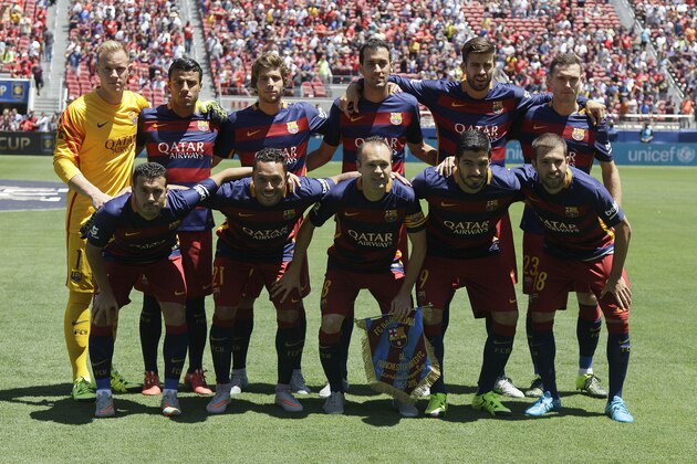 FC Barcelona players pose for a team photo before an International Champions Cup soccer match against Manchester United in Santa Clara, Calif., Saturday, July 25, 2015. Manchester United won 3-1. (AP Photo/Jeff Chiu)