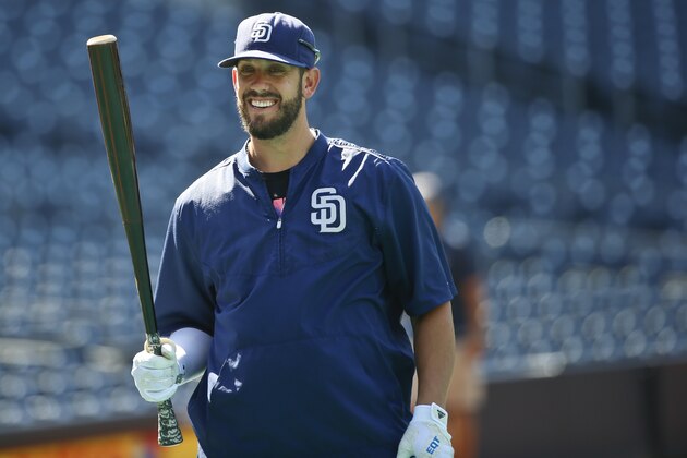 San Diego Padres starting pitcher James Shields gets ready for batting practice prior to a baseball game against the Colorado Rockies Friday, July 17, 2015, in San Diego.   (AP Photo/Lenny Ignelzi)