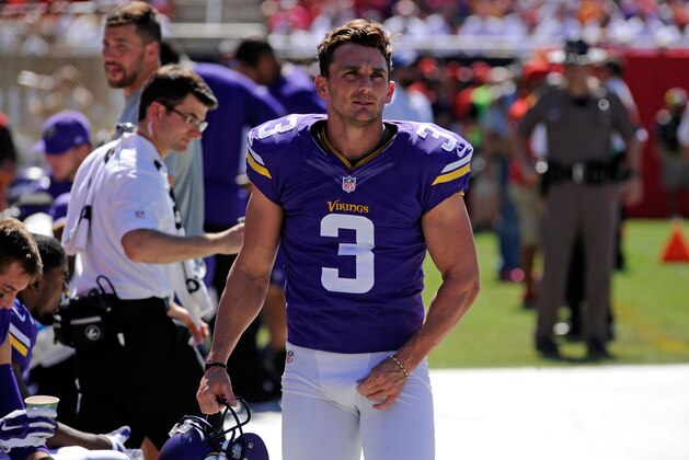 Oct 26, 2014; Tampa, FL, USA; Minnesota Vikings kicker Blair Walsh (3) walks on the sidelines against the Tampa Bay Buccaneers at Raymond James Stadium. Mandatory Credit: David Manning-USA TODAY Sports