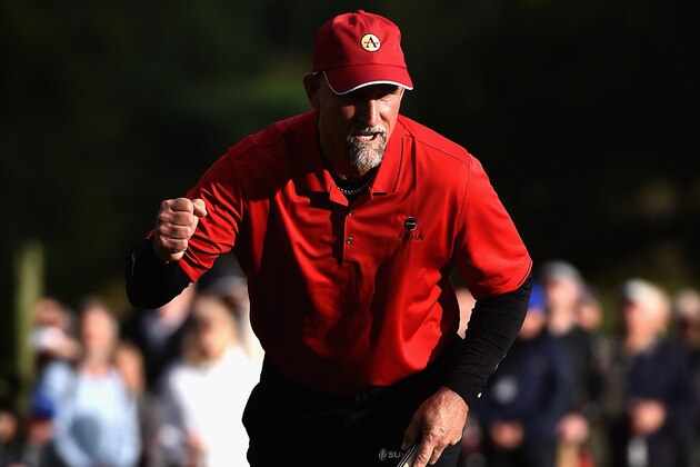 SUNNINGDALE, ENGLAND - JULY 26:  Marco Dawson of the USA celebrates winning The Senior Open Championship on the Old Course at Sunningdale Golf Club on July 26, 2015 in Sunningdale, England.  (Photo by Warren Little/Getty Images)