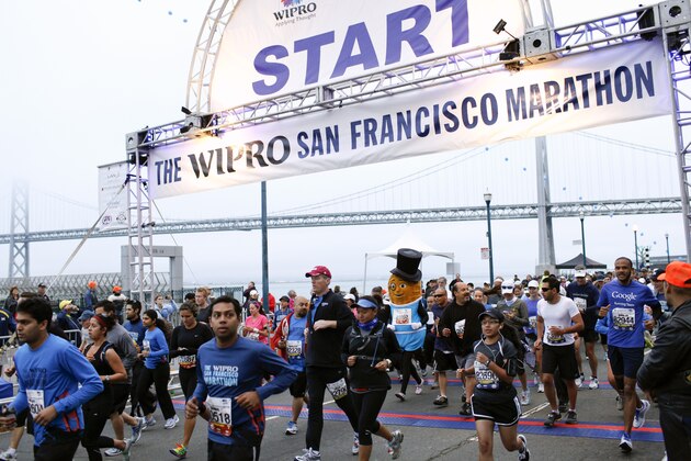 COMMERCIAL IMAGE - In this photograph taken by AP Images for PLANTERS, Mr. Peanut runs in his first marathon at the Wipro San Francisco Marathon in San Francisco, Sunday, July 29, 2012.  (Alison Yin/AP Images for PLANTERS)