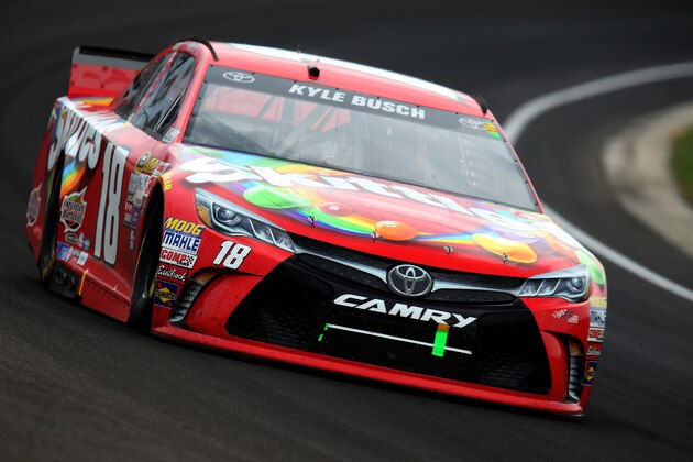 INDIANAPOLIS, IN - JULY 26:  Kyle Busch drives the #18 Skittles Toyota during the NASCAR Sprint Cup Series Crown Royal Presents the Jeff Kyle 400 at the Brickyard at Indianapolis Motor Speedway on July 26, 2015 in Indianapolis, Indiana.  (Photo by Jerry Markland/Getty Images)